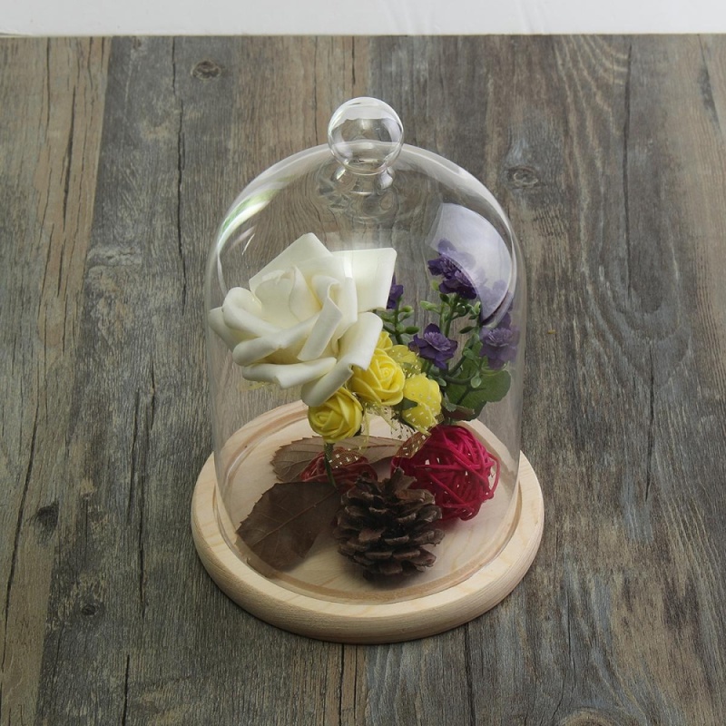 Transparent Glass Bell Dome Flower Immortal Preservation Vase With Wooden Base - intl