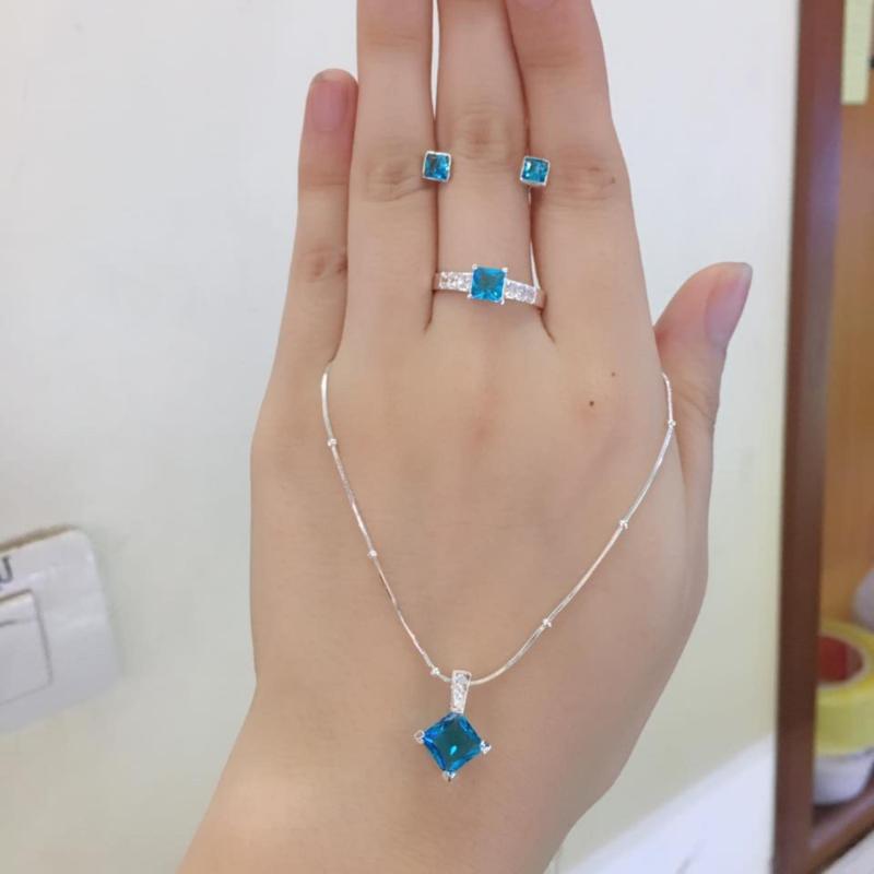 Bộ Trang Sức Bạc Nữ Đá Vuông New Xanh Dương Chất Liệu Bạc Ta Cao Cấp BẢO TÍN