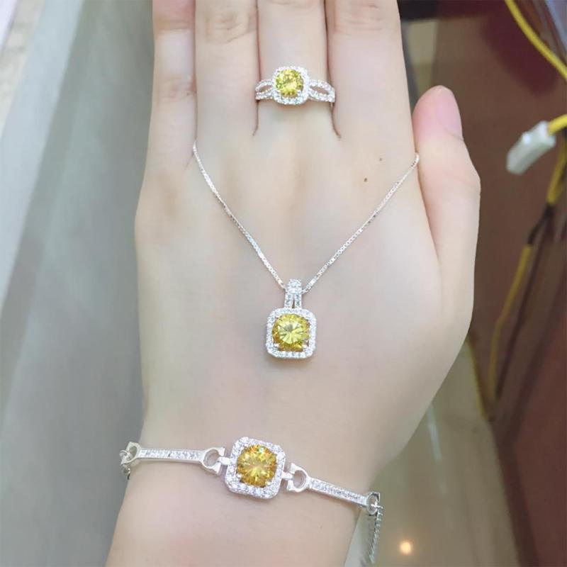 Bộ Trang Sức Bạc Nữ Đá Vuông Vàng Chất Liệu Bạc Cao Cấp BẢO TÍN