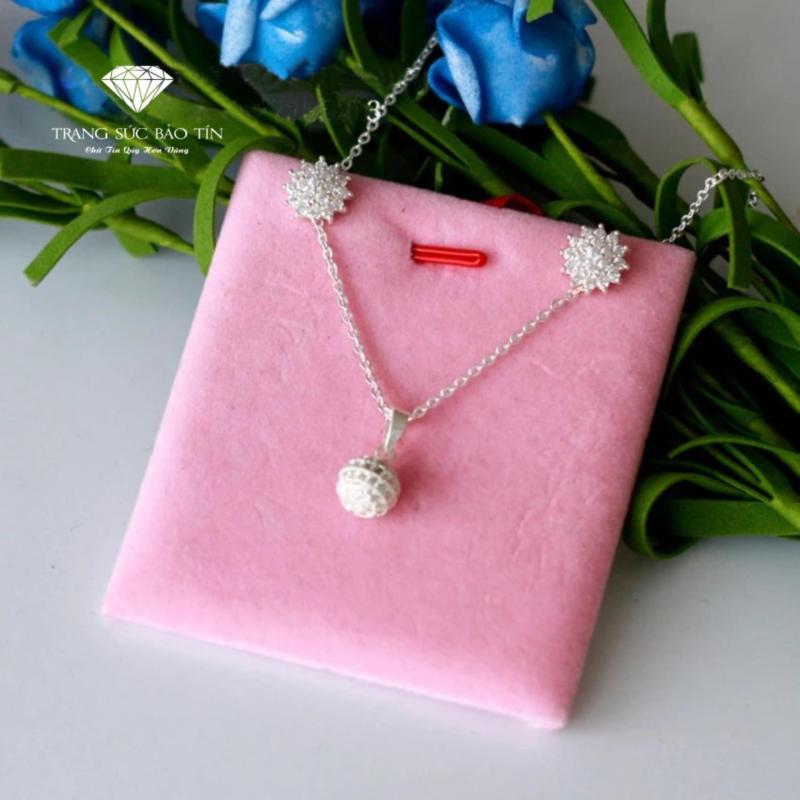 Bộ Trang Sức Bạc Nữ Pha Lê (Dây Chuyền Cầu Ball + Bông Tai Hoa Đá) Chất Liệu Bạc Ta Cao Cấp - Thương Hiệu BẢO TÍN