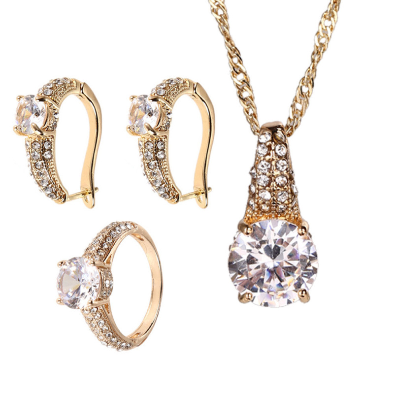 Bộ Vòng Cổ Hoa Tai Nhẫn Đá Zircon Quý Hiếm Sang Trọng Vàng (Quốc Tế)