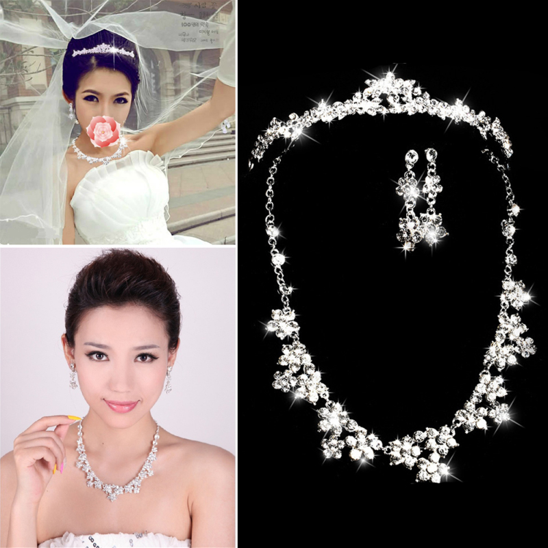 Elegant Luxurious Diamante Rhinestone Necklace Earring Crown Set Wedding