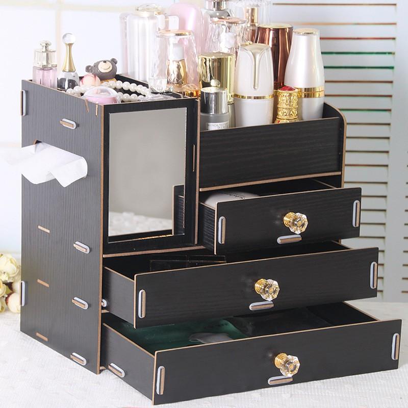 Kệ gỗ đựng đồ trang điểm 4 tầng CÓ GƯƠNG (Màu Đen)