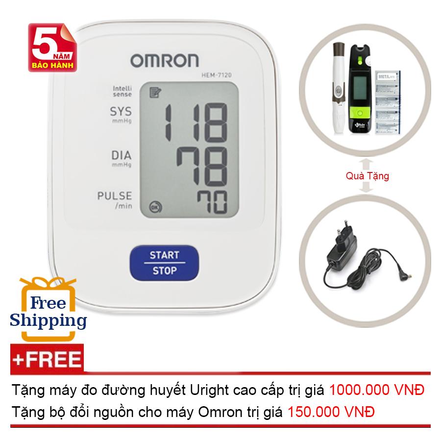 Máy Đo Huyết Áp Bắp Tay Omron Hem-7120 + Tặng Bộ Đổi Nguồn + Máy đo đường huyết Uright TD - 4265 (OEM) Nhật Bản