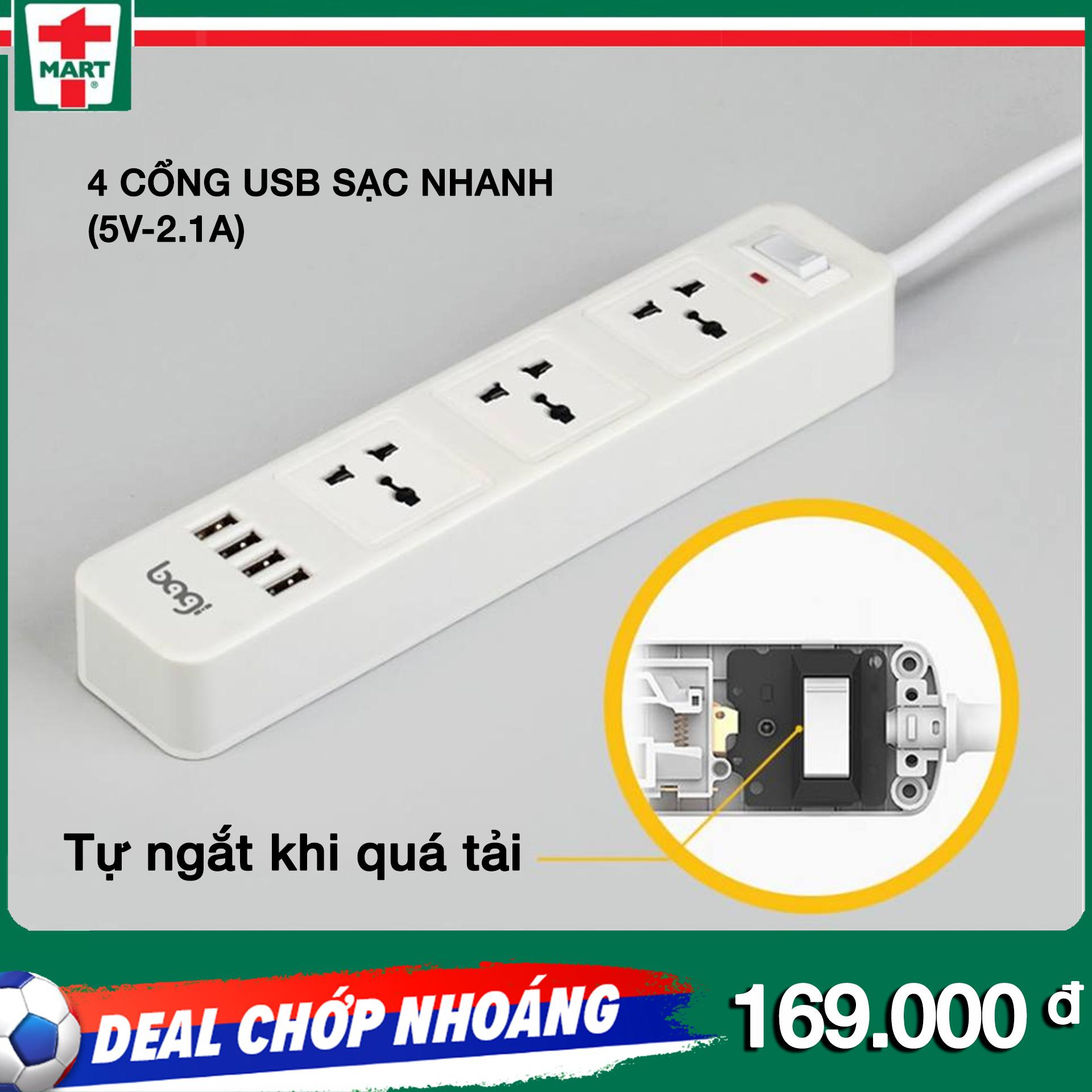 Ổ cắm Bagi 4 cổng USB sạc nhanh (5V-2.1A) tự ngắt khi quá tải- Thiết kế tinh tế, hoàn thiện cao cấp
