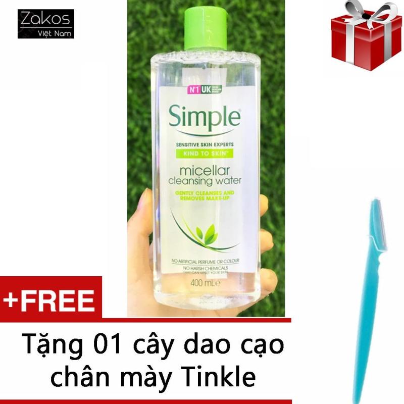 Nước tẩy Trang Cho Da Nhạy Cảm Simple Micellar Cleansing Water 400ml + Tặng 1 dao cạo lông mày Tinkle nhập khẩu
