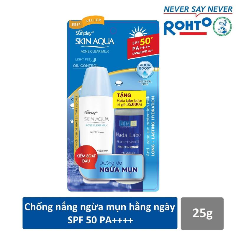 Lót trang điểm kiềm dầu ngừa mụn Chống Nắng Sunplay Skin Aqua Acne Clear SPF 50+ PA++++ 25g + Tặng Dung dịch Hada Labo 40ml nhập khẩu