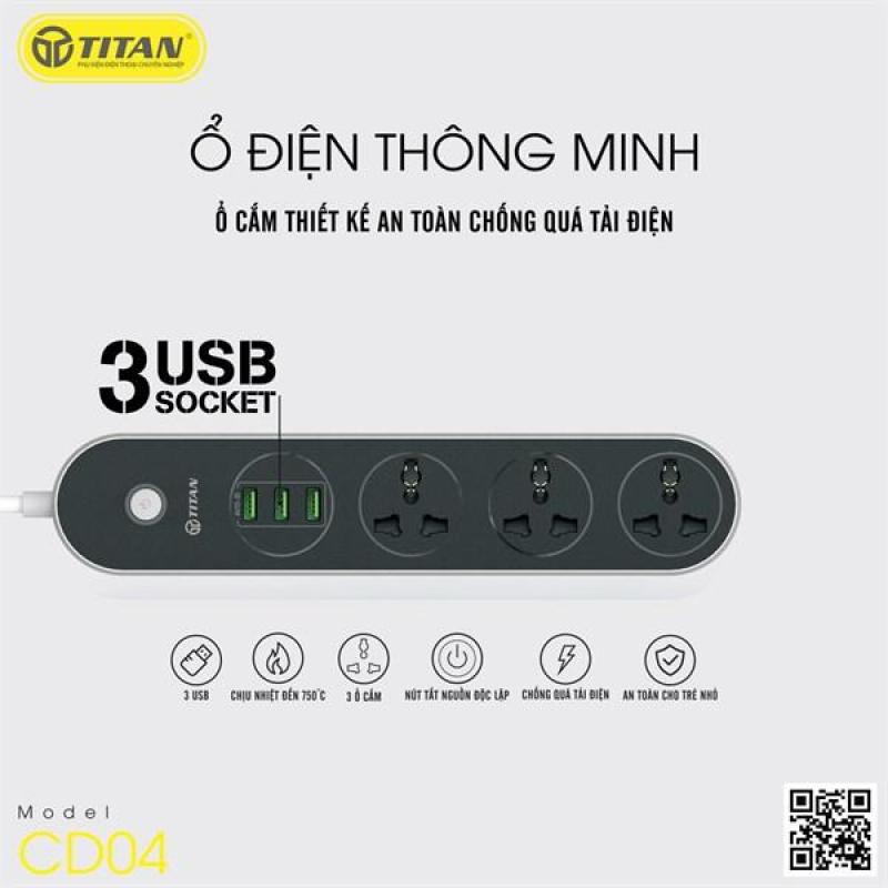 Ổ CẮM ĐIỆN THÔNG MINH 3 CỔNG USB SẠC NHANH 3.1A TITAN CD04
