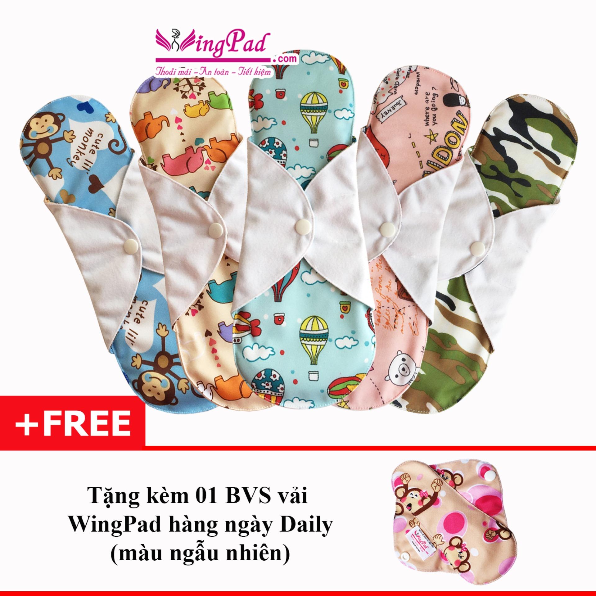 Combo 5 miếng băng vệ sinh vải WingPad ban Đêm 29cm (ngẫu nhiên) - Tặng 01 miếng hàng ngày Daily 17cm
