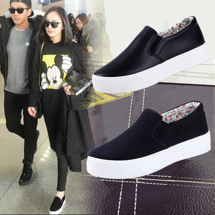 Tebal Sepatu Bawah Satu Kaki Deng Orang Malas Meningkatkan Putih Kecil Sepatu Kulit Mie Musim Semi Sepatu Hitam dan Warna Putih Kanvas Sepatu Gao Le Fu Di Dalam Sepatu Sepatu Wanita Musim Gugur-Internasional
