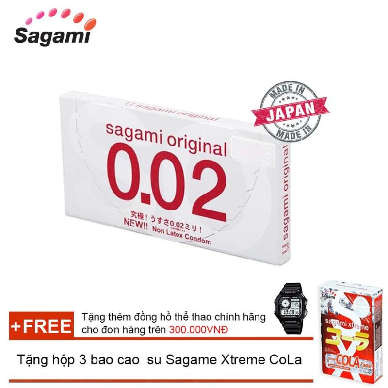 Hộp 2 bao cao su SAGAMI ORIGINAL 0.02 (Hộp 2 bao) + Tặng hộp 3 bao cao su Sagami Xtreme CoLa ( Đơn hàng Bao Cao Su trên 300k tặng thêm 1 đồng hồ thể thao như quảng cáo ) cao cấp