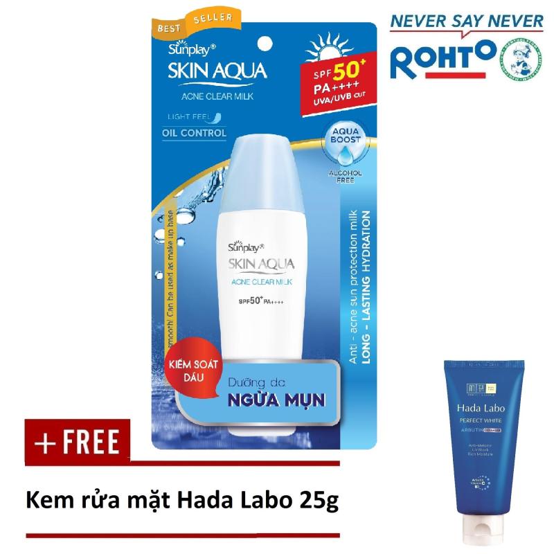 Sữa chống nắng dưỡng da ngừa mụn Sunplay Skin Aqua Acne Clear SPF 50+ PA++++ 25g + Tặng Kem rửa mặt Hada Labo 25g nhập khẩu