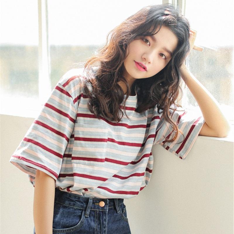 Pakaian musim panas 2018 model baru yang chic lengan pendek baju kaos Siswa Perempuan longgar Gaya Korea ulzzang netral strip kuning Atasan