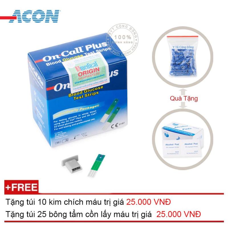 Que thử đường huyết Acon On call Plus 25 que (Xanh trắng) + Tặng túi 10 kim chích máu + Tặng túi 25 bông tẩm cồn lấy máu