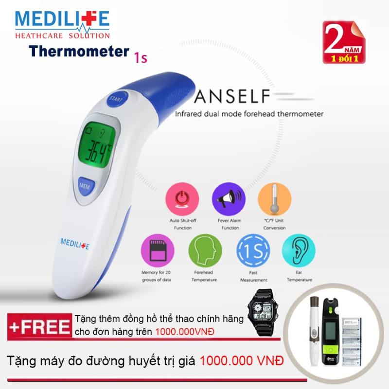 Giá bán Nhiệt kế điện tử hồng ngoại đo tai và trán Medilife IT - 121 + Máy đo đường huyết Uright TD - 4265 + Mua 2 sản phẩm tặng thêm đồng hồ thể thao