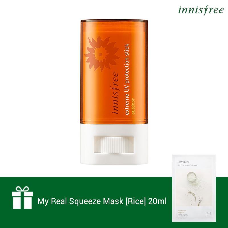 Thanh chống nắng vượt trội Innisfree Extreme UV Protection Stick Outdoor SPF50+/PA++++ 19g + Tặng 1 Mặt nạ gạo Innisfree My Real Squeeze Mask-Rice 20ml cao cấp