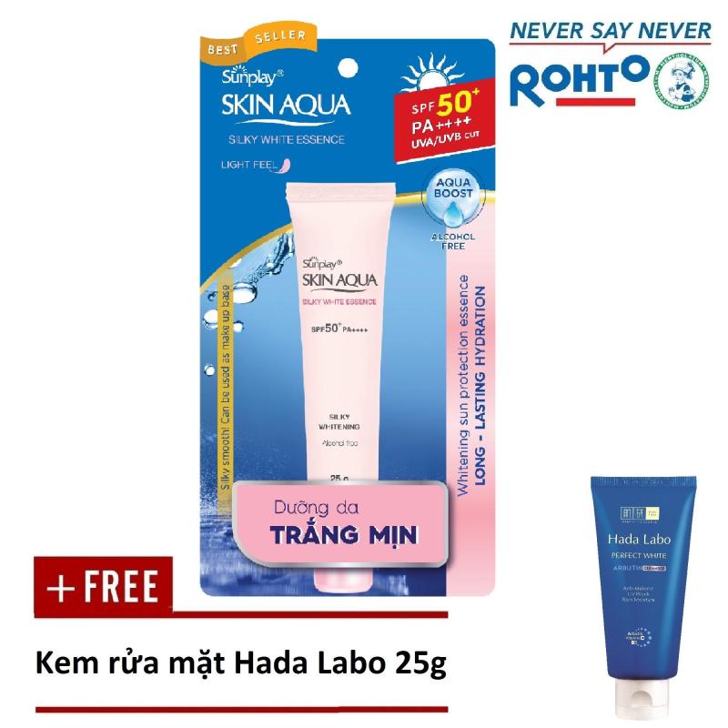 Tinh chất chống nắng dưỡng trắng Sunplay Skin Aqua Silky White Essence SPF 50+ PA+++ 25g + Tặng Kem rửa mặt Hada Labo 25g