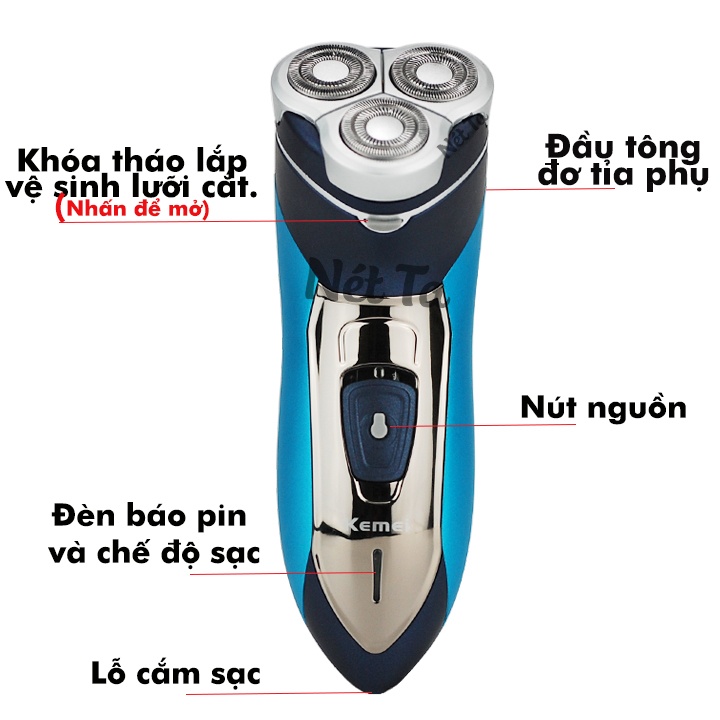 Máy cạo râu 3 lưỡi tròn chống nước cao cấp KEMEI KM-7390 (Màu xanh phối bạc)