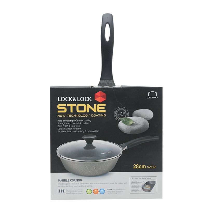 Chảo vân đá sâu lòng Lock&Lock Stone LCA6285D 28cm vung kính dùng bếp từ