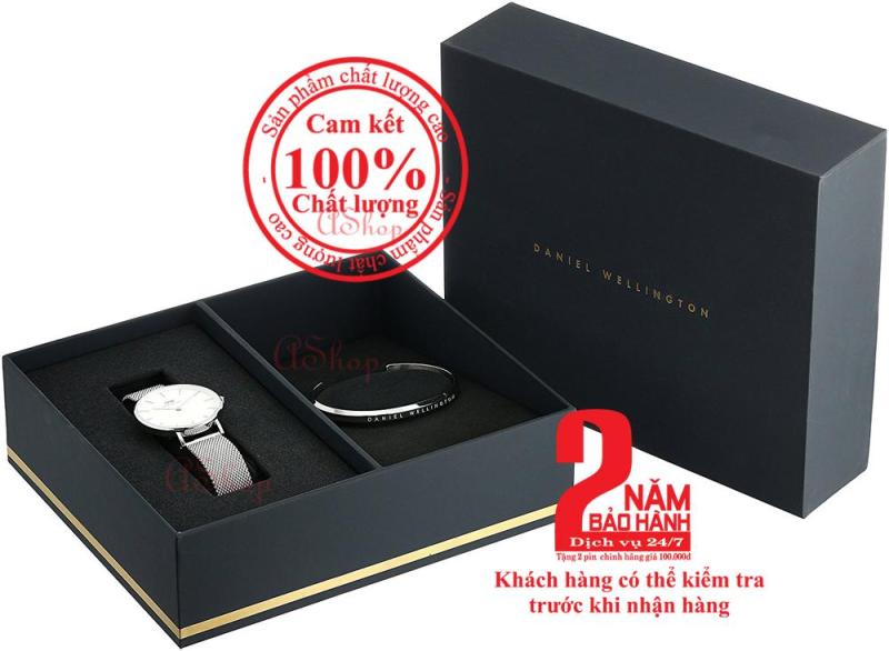 Hộp quà đồng hồ nữ Daniel Wellington Classic Petite Sterling 32mm (Mặt trắng) + Vòng tay DW Cuff - màu bạc (Silver)- DW00500004