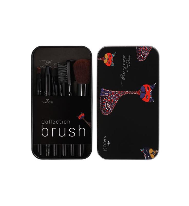 Bộ cọ trang điểm hộp sắt mini 6 cây Vacosi Collection Makeup House (Đen) (Hàng Chính Hãng)