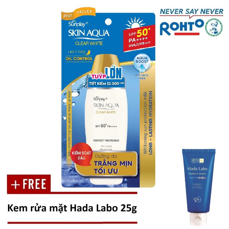 Sữa chống nắng hằng ngày dưỡng trắng Sunplay Skin Aqua Clear White SPF 50+ PA++++ 55g + Tặng Kem rửa mặt Hada Labo 25g nhập khẩu