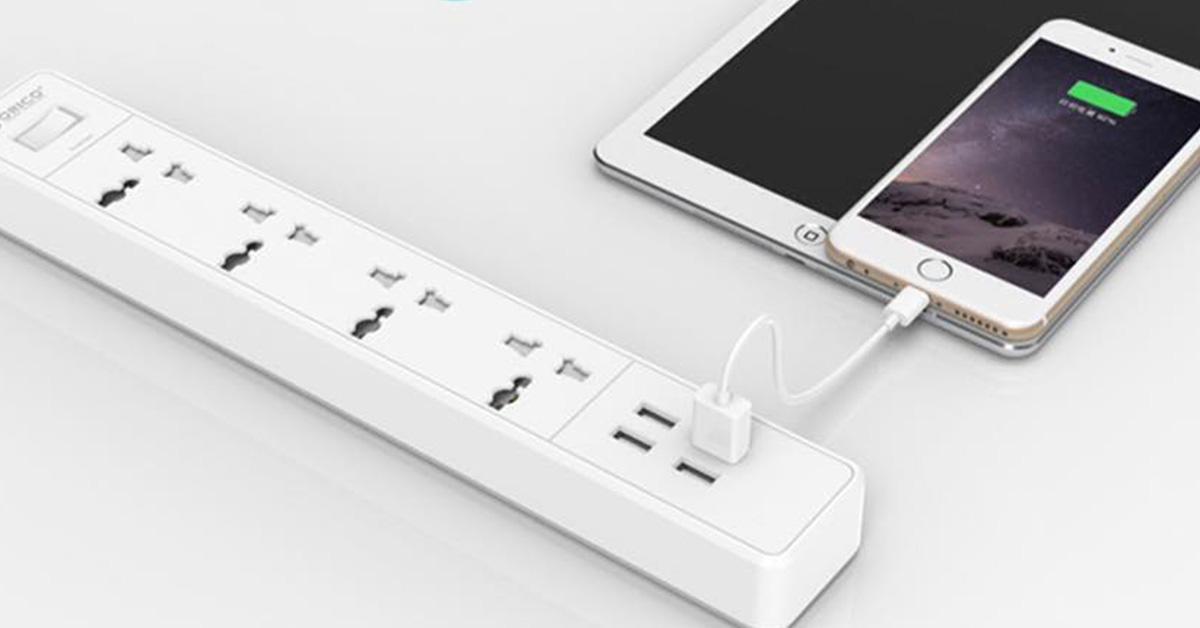 Ổ cắm điện Orico chống sốc, 3200w, Kèm 4 cổng sạc USB 2,4A - OSC-4A4U