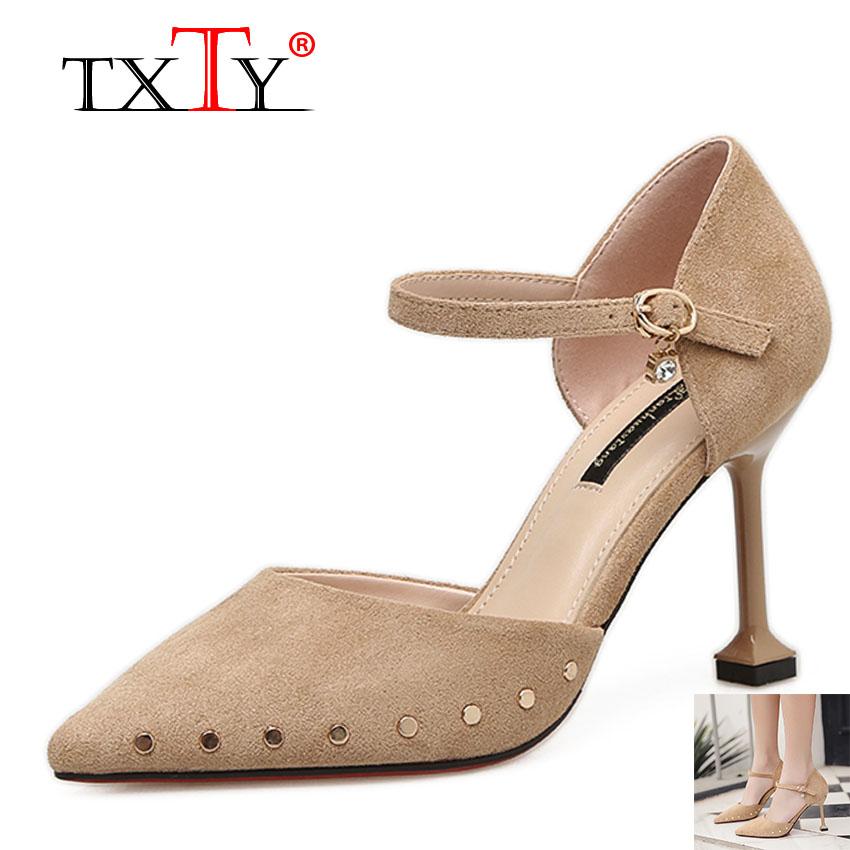 TXTY Cat heel sandals female spring and summer buckle rivets with baotou high heels
