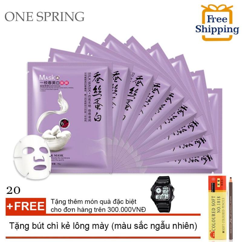 Bộ 20 Mặt Nạ Dưỡng Trăng Chiết Xuất Từ Tơ Tằm One Spring (TÍM) + Tặng bút chi kẻ lông mày ( Đơn hàng mỹ phẩm trên 300k tặng thêm 1 đồng hồ thể thao như quảng cáo ) nhập khẩu