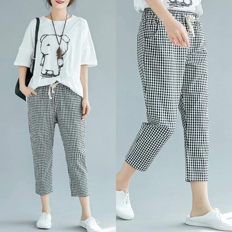 Detail Gambar Kain linen longgar pinggang elastis katun murni Kotak-Kotak Lee Jeans Celana Harem