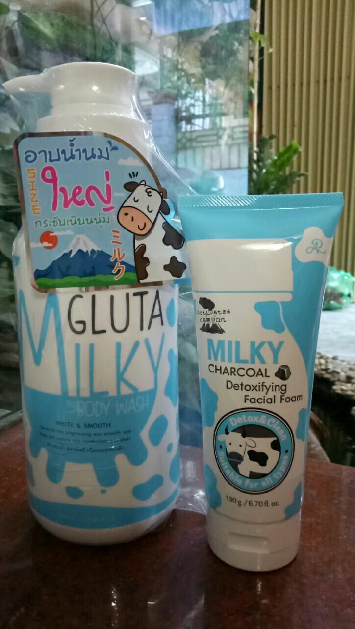 Sữa tắm làm trắng da sữa bò Gluta milk 800ml tặng 01 tuýp sữa rửa mặt