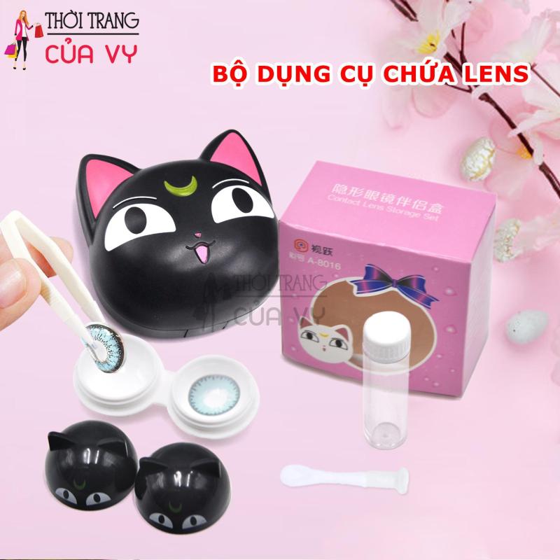 BỘ HỘP ĐỰNG KÍNH ÁP TRÒNG/ LENS VÀ HỖ TRỢ ĐEO KÍNH CÓ GƯƠNG HÌNH CON MÈO DỄ THƯƠNG MÀU ĐEN nhập khẩu