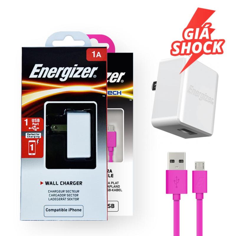 Sạc Energizer CL 1A 1 cổng màu trắng_ACA1AUSCWH3  kèm Cáp Energizer HT Flat USB Micro 1.2m màu hồng - C21UBMCGPK4