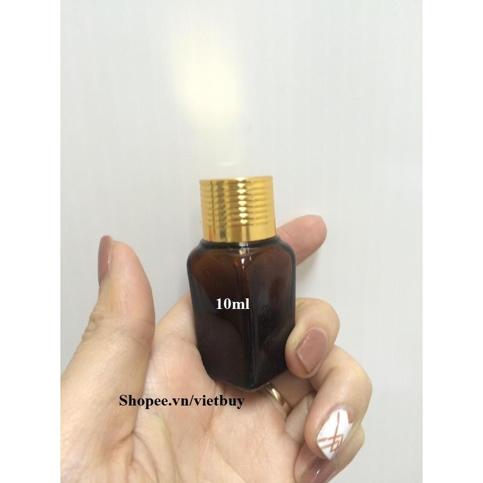 Chai thủy tinh vuông nâu nắp vặn vàng 10ml