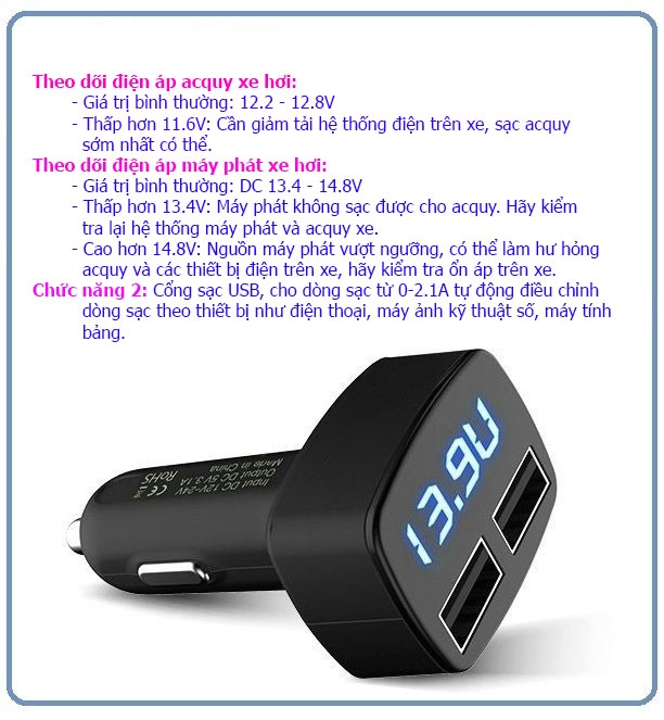 Sạc điện thoại trên ô tô, theo dõi điện áp acquy, nhiệt độ trong xe. - 8