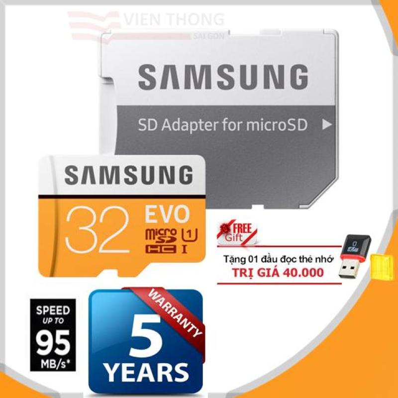 Thẻ nhớ 32gb Samsung EVO MicroSDHC Tốc độ cao up to 95MB/s 2018 FULLBOX (Cam)  + Adapter + tặng đầu đọc thẻ nhớ Micro PT