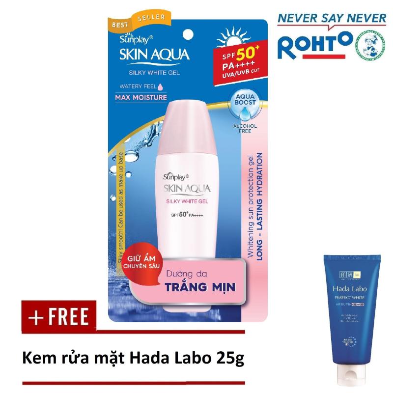 Gel chống nắng dưỡng da trắng mượt Sunplay Skin Aqua Silky White Gel SPF 50+ PA+++ 30g + Tặng Kem rửa mặt Hada Labo 25g nhập khẩu