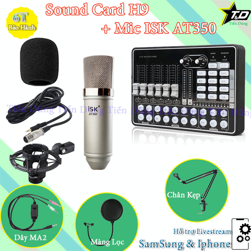 Combo mic thu âm AT350 sound card h9 dây livestream MA2 chân đế màng lọc