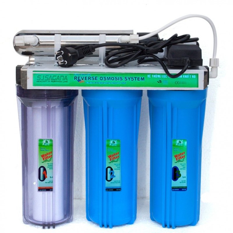 Bộ lọc nước sinh hoạt 3 cấp SJsagana ly 10'' + Đèn UV diệt khuẩn (Xanh dương)