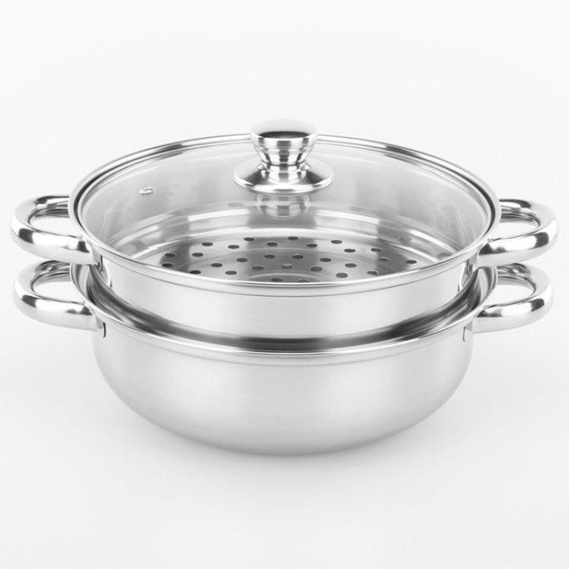 Nồi hấp kiêm nồi lẩu 2 tầng Inox nắp kính - dùng cho bếp từ (Bạc)