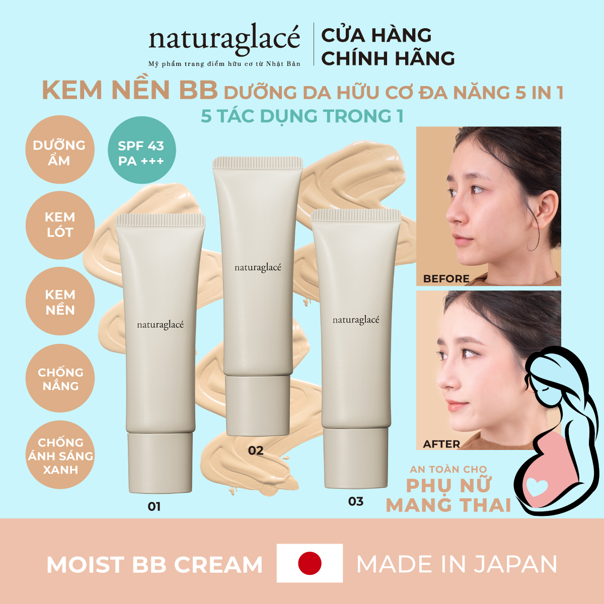 Kem nền Moist BB cream naturaglacé kiềm dầu, che phủ vừa phải, chuẩn hữu cơ  Nhật Bản, an toàn cho mẹ bầu và da nhạy cảm, 27g 