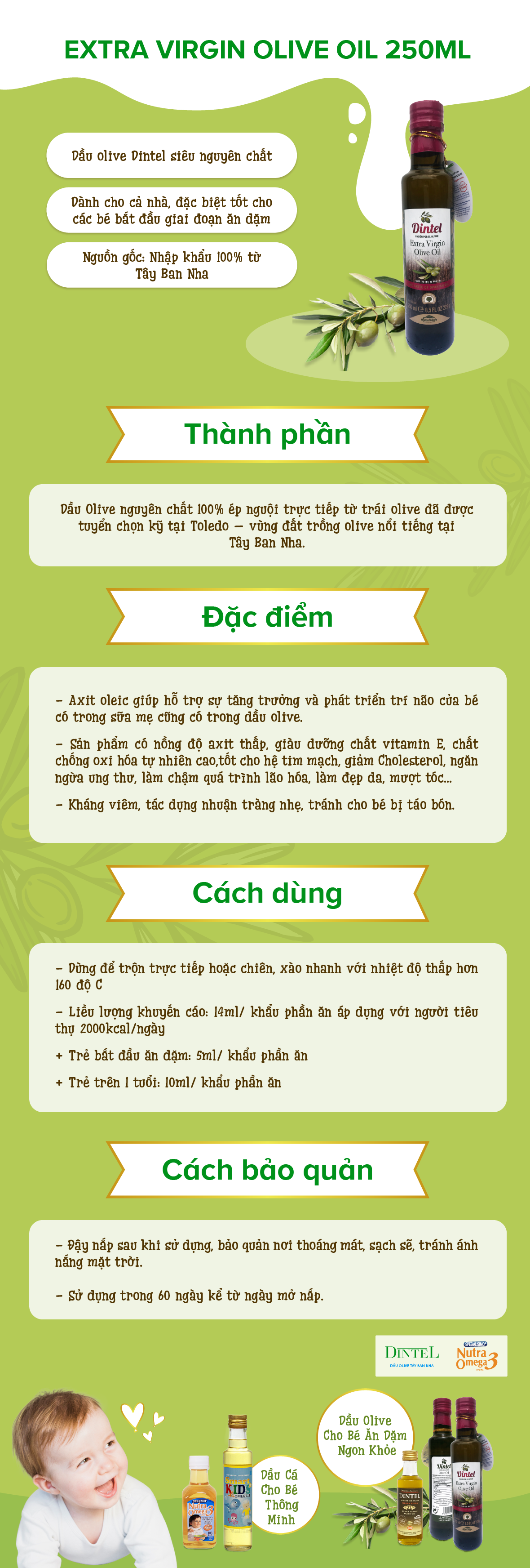 Dầu ăn dặm cho bé - Dầu Olive Dintel Extra Virgin Olive Oil nhập khẩu Tây Ban Nha 250ml