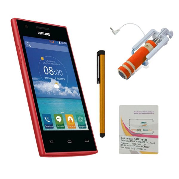 Bộ 1 Philips S309 4GB 2 Sim (Đen đỏ) + Bút cảm ứng Stylus Touch 1 đầu Pen-x + Sim Viettel + Gậy chụp ảnh