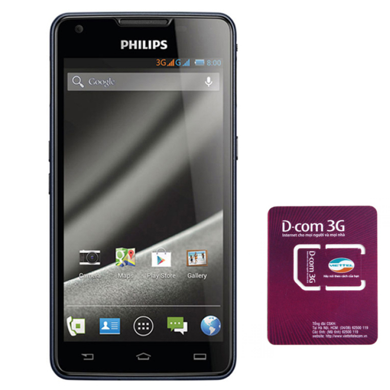 Bộ Philips W6610 4GB 2 SIM (Xanh Navy) và SIM Dcom 3G Viettel