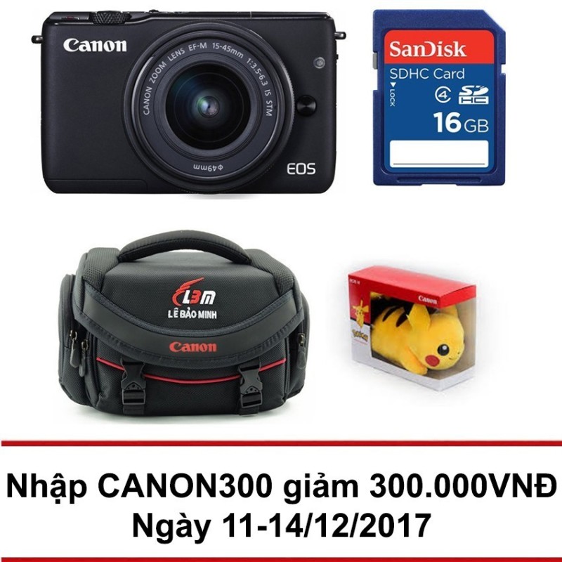 Máy ảnh Canon EOS M10 18MP KIT 15 - 45 MM (Đen) - Hãng phân phối chính thức + Thẻ nhớ SD 16GB + túi đựng máy ảnh + Pikachu