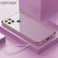 （Free Lanyard）Hontinga Case Casing hp Realme C21 C21Y C25 C25S C25Y C1 C11 2021 C12 C15 C17 C2 C20 C20A Casing Fashion Warna Solid Mewah Berlapis Lembut silikon TPU Pelindung kesing Case hp Anti Gores Air Karet untuk Anak Perempuan softcase