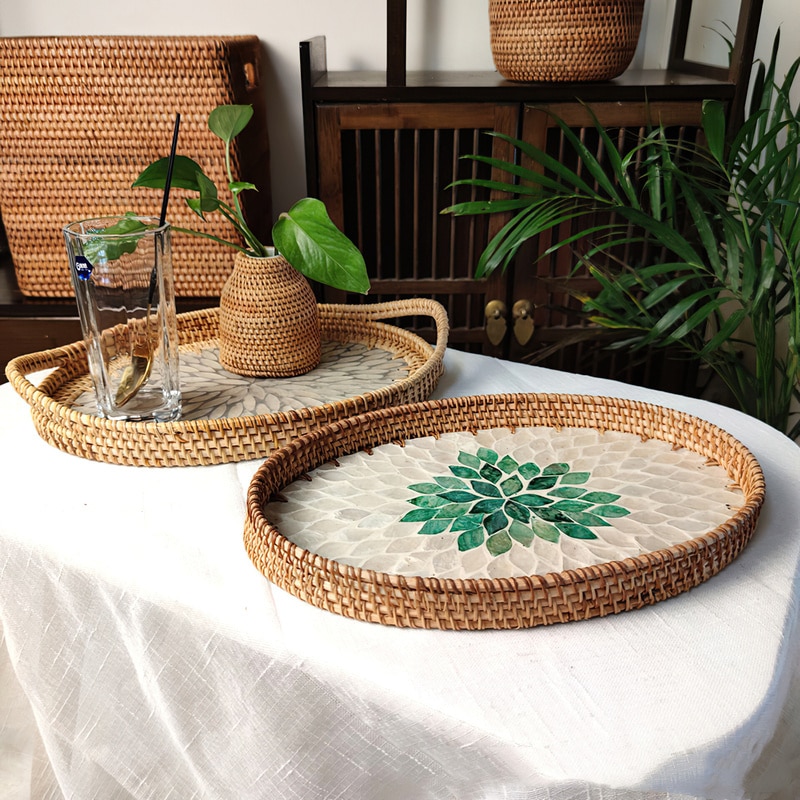 Gambar Rattan Basket HandWoven Fruit Storage Breakfast Severing Tray Drinks Snack Coffee Platters Bread Plate Home Tableware Organizer