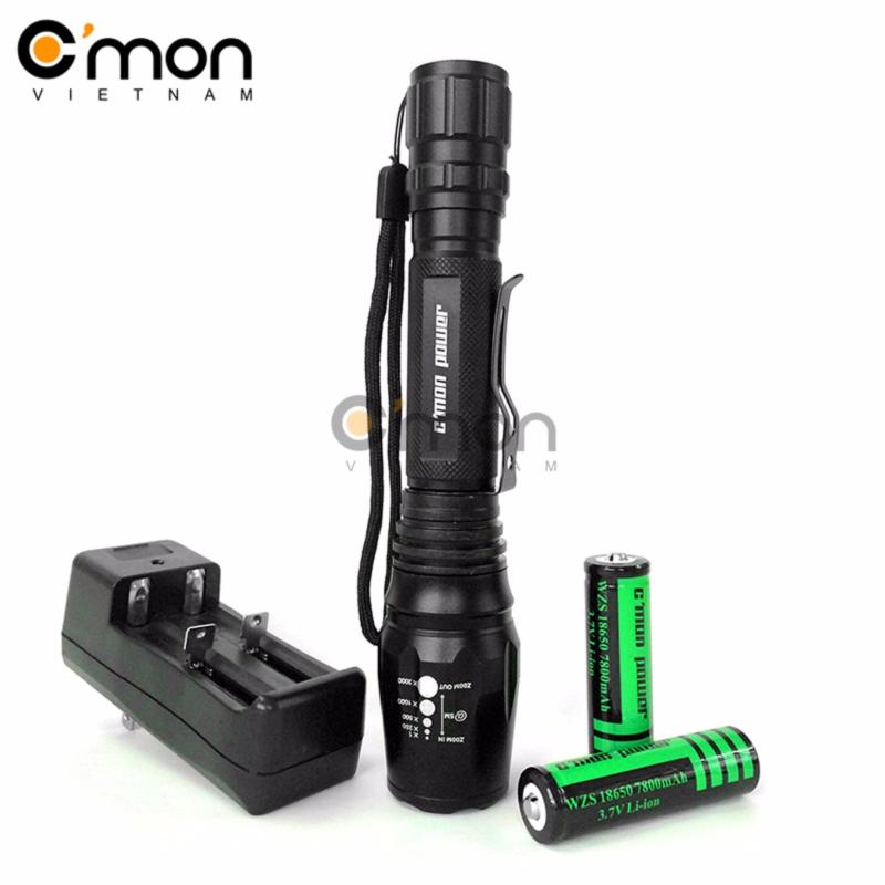 Bảng giá Bộ 1 đèn pin siêu sáng C'MON TACTICAL XML-T6 LED 10W 2200lm chiếu xa 500m + 2 pin sạc lithium 7800mAh + 1 bộ sạc đôi (đen)