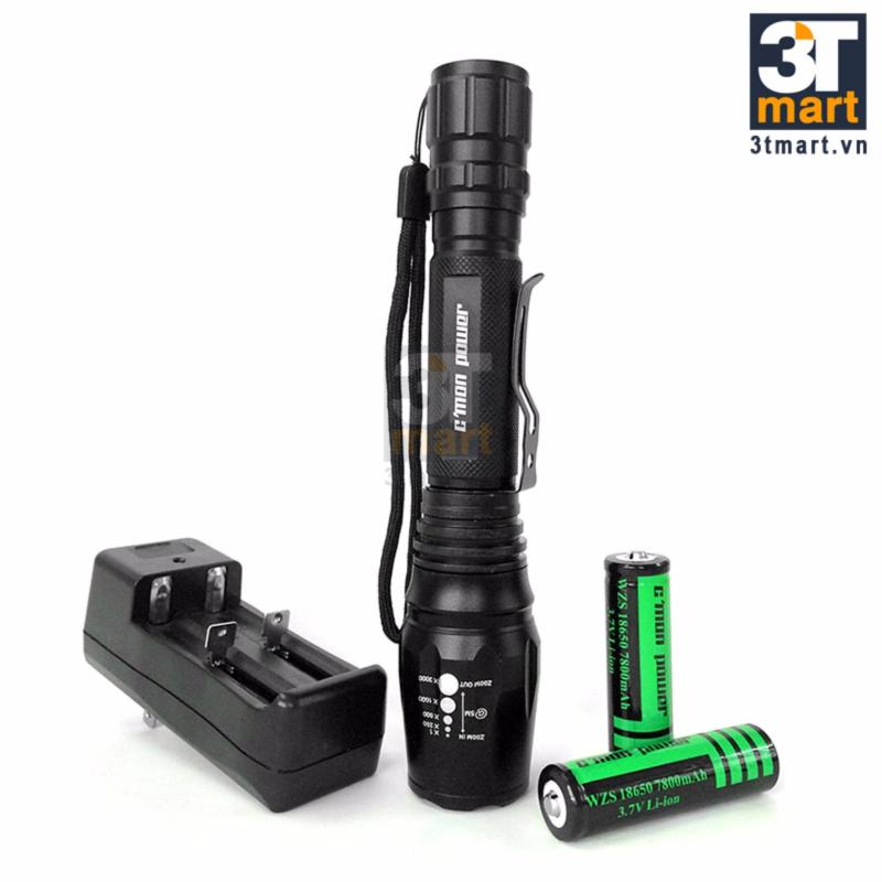 Bảng giá Mua Đèn pin siêu sáng C'MON POWER TACTICAL XML-T6 LED 10W 2200lm chiếu xa 500m + Tặng 2 pin sạc li-ion 18650 (Đen)
