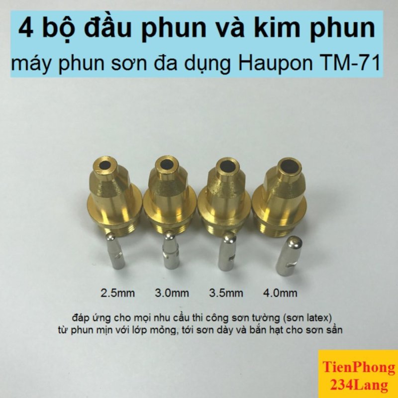 Bộ 4 cỡ đầu phun/kim phun máy phun sơn Haupon TM-71:
2.5-3.0-3.5-4.0mm